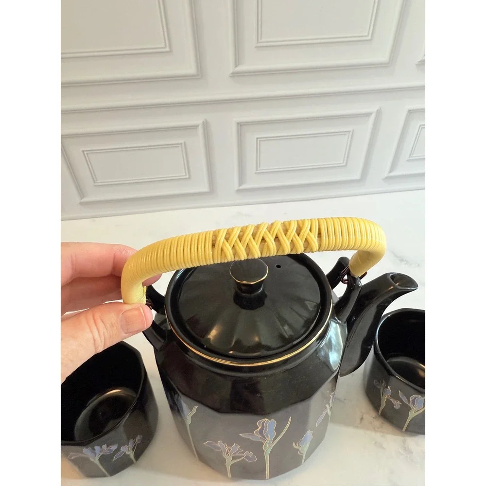 VTG Otagiri Japan Black Blue Iris Teapot‎ Rattan Handle w/4 Teacups Set